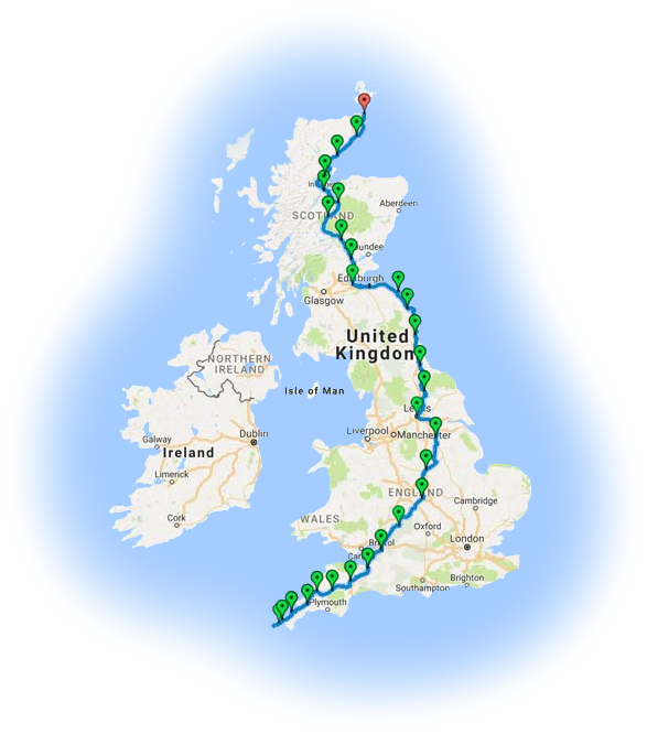 Map of the complete 1,020-mile LEJOG cycle route